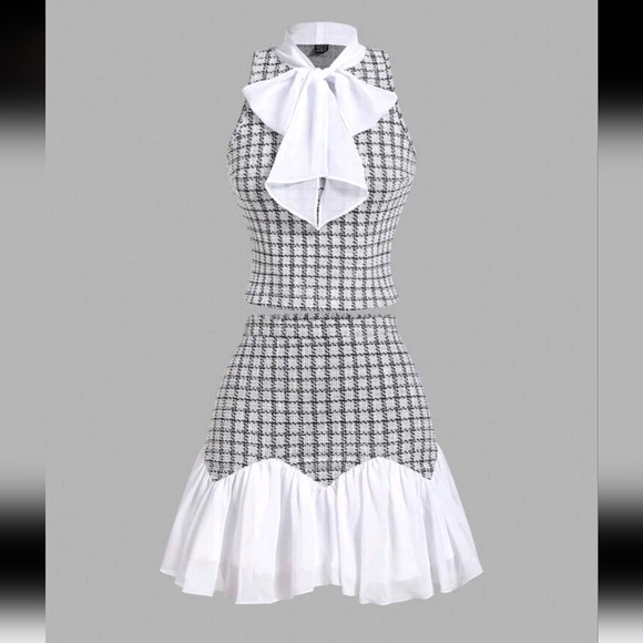 2pcs Set Women Bow Plaid Vest & Asymmetrical Ruffle Trim Skirt - Picture 1 of 4